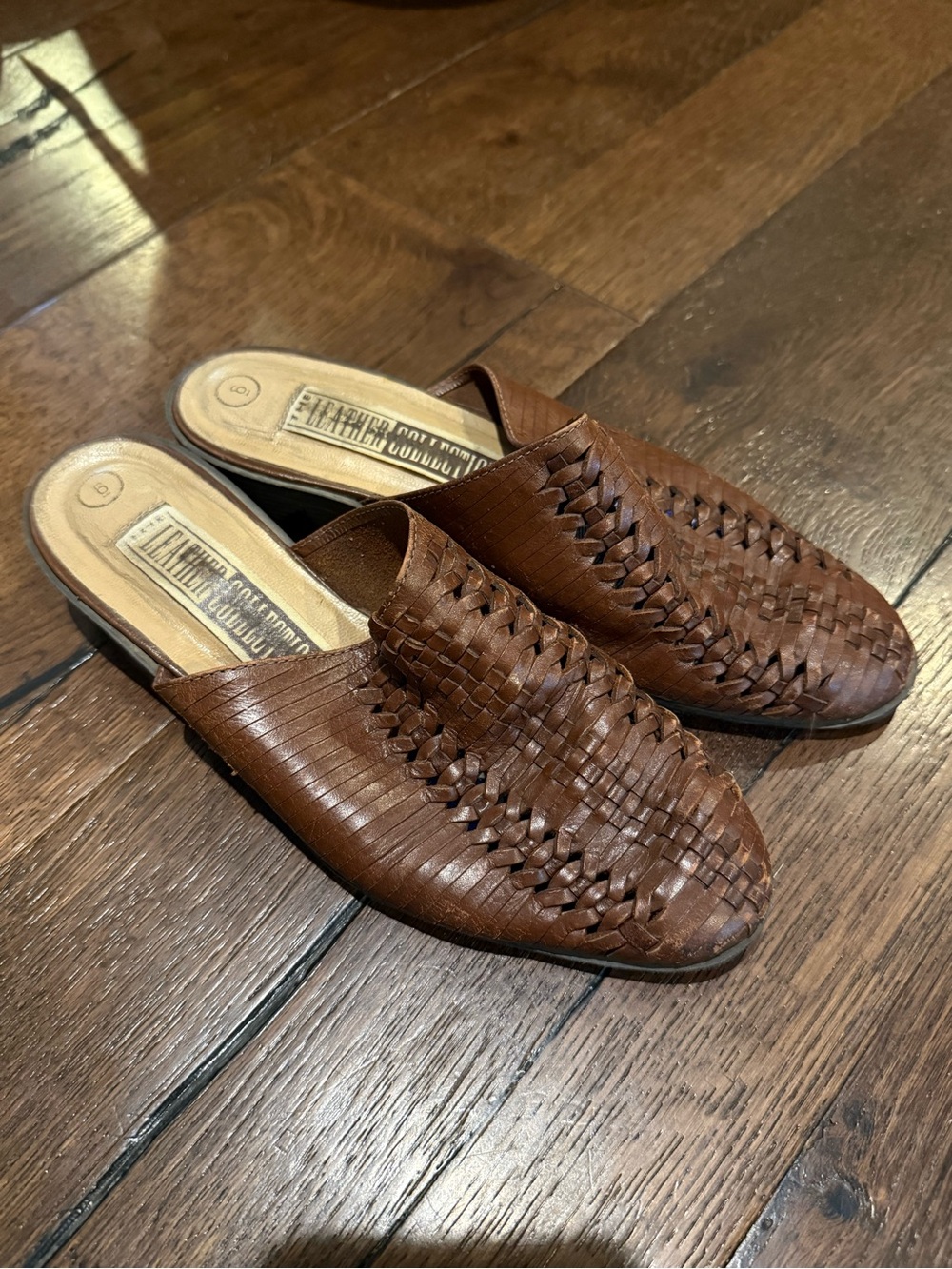 The Leather Collection vintage woven leather huarache mules